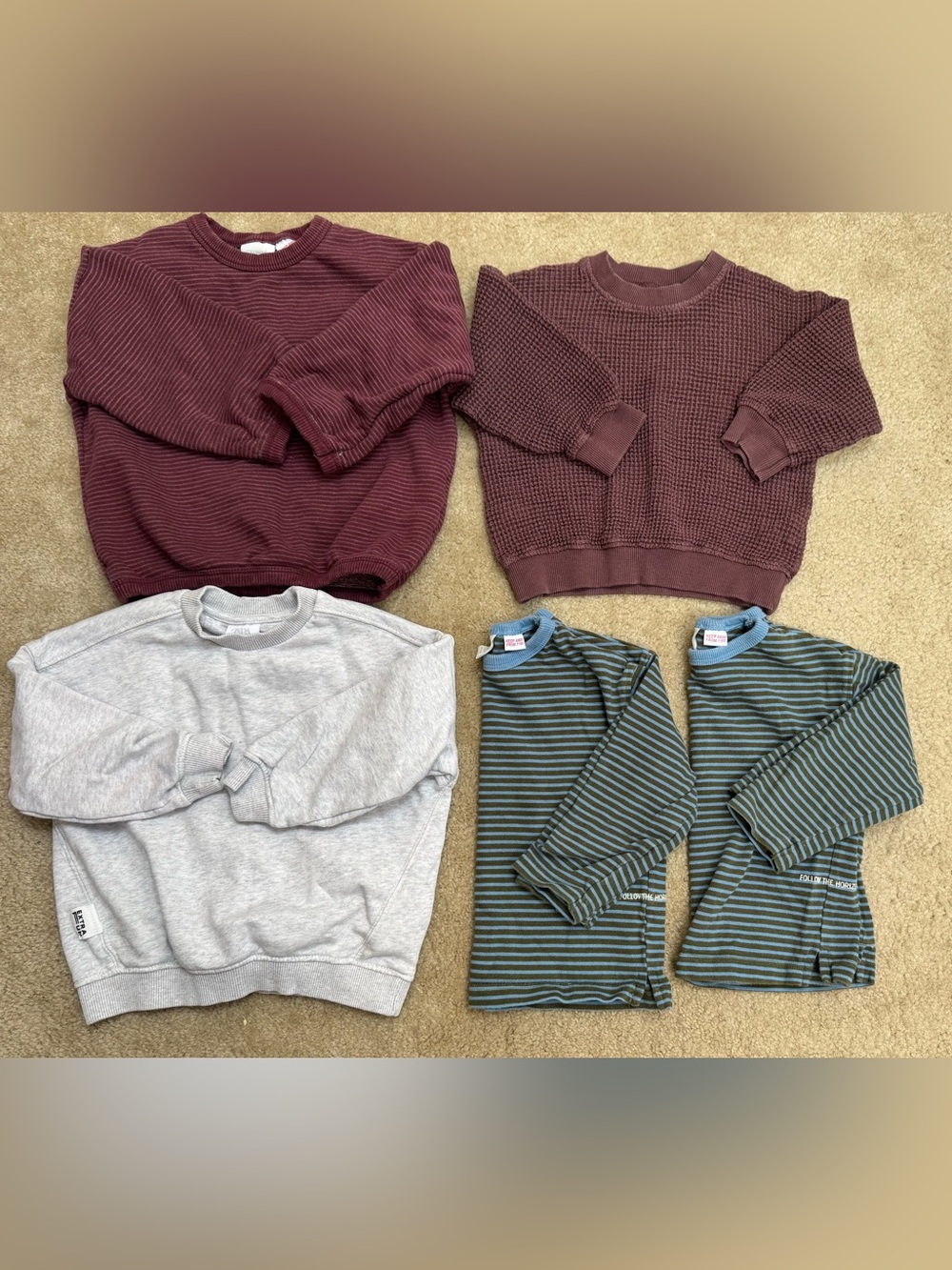 Zara Bundle of 5 Kids Long Sleeve Tops Sz 2year-2T, gray, maroon & green/blue.